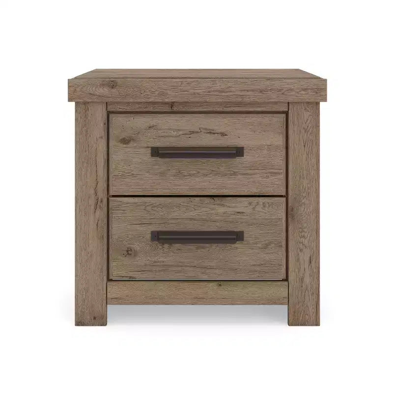 Comodino Ashley Contoura a due cassetti con design d'autore, effetto legno rustico marrone chiaro con ricarica USB