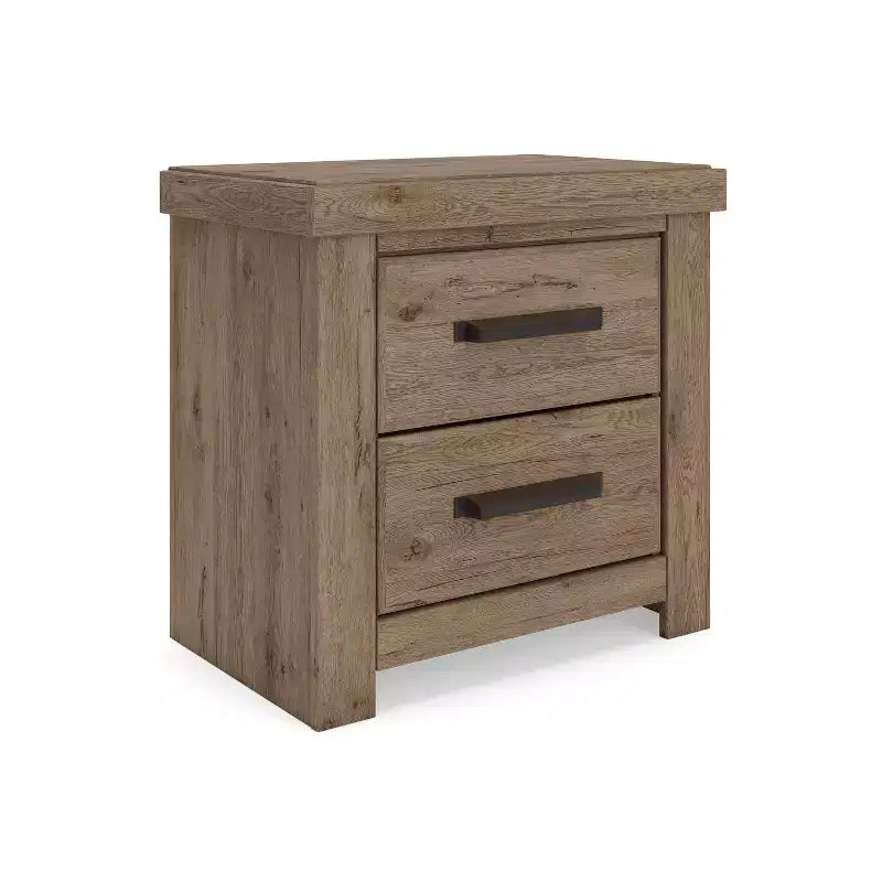 Comodino Ashley Contoura a due cassetti con design d'autore, effetto legno rustico marrone chiaro con ricarica USB