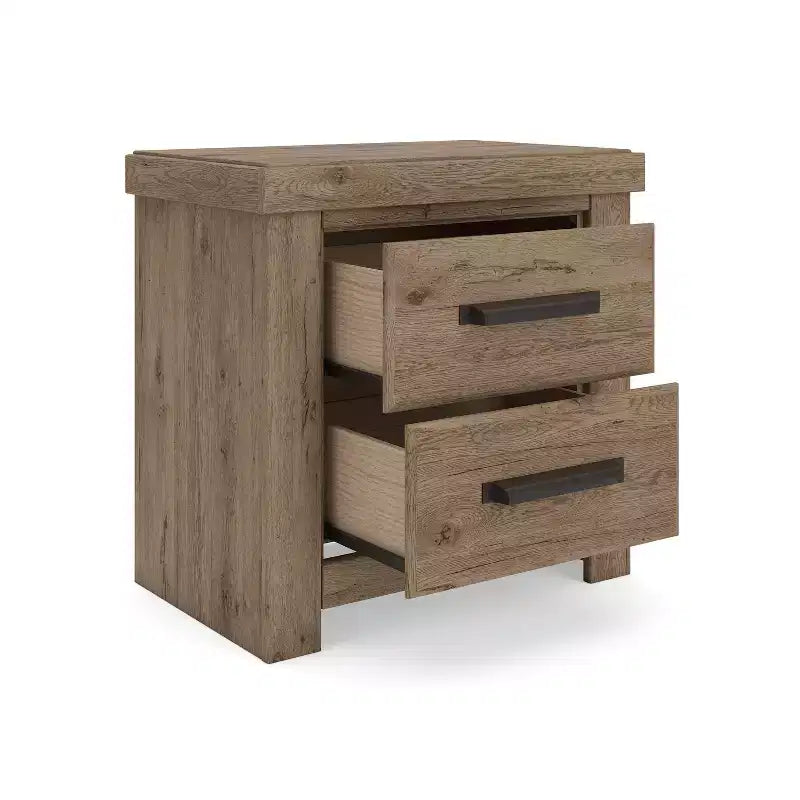Comodino Ashley Contoura a due cassetti con design d'autore, effetto legno rustico marrone chiaro con ricarica USB