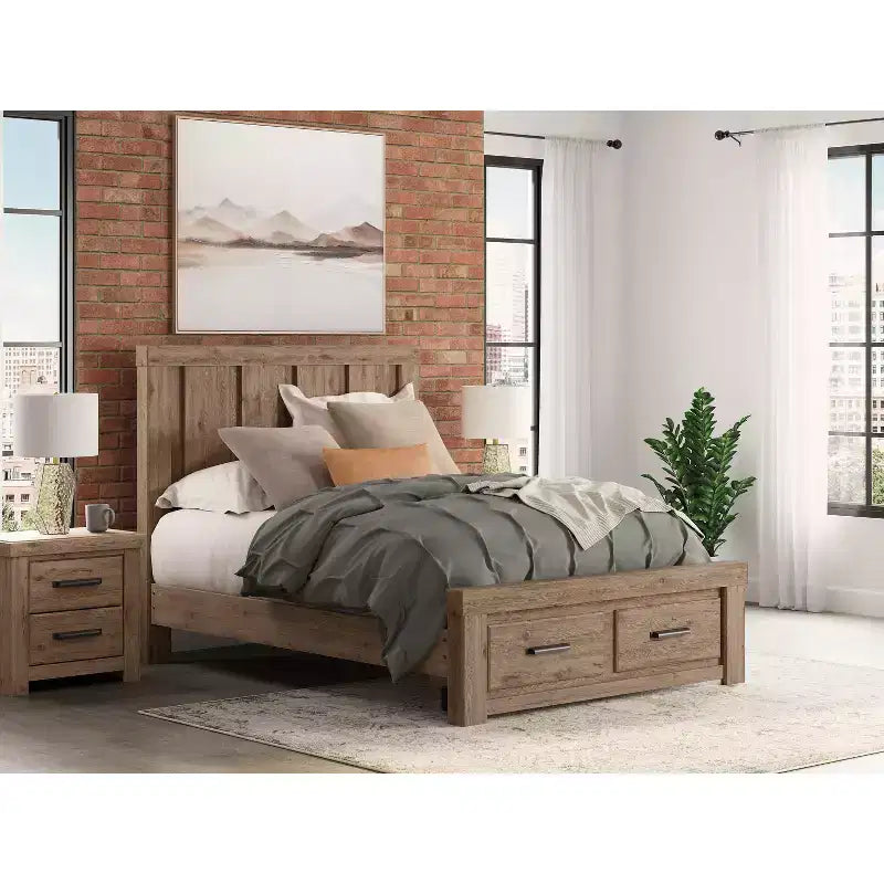 Comodino Ashley Contoura a due cassetti con design d'autore, effetto legno rustico marrone chiaro con ricarica USB