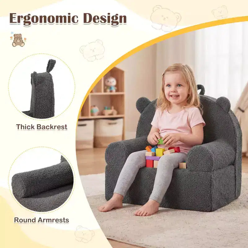 Costway Divano Orsetto per Bambini, Divano in Schiuma per Bambini con Morbida Fodera in Tessuto Pile Marrone/Grigio/Blu scuro/Rosa