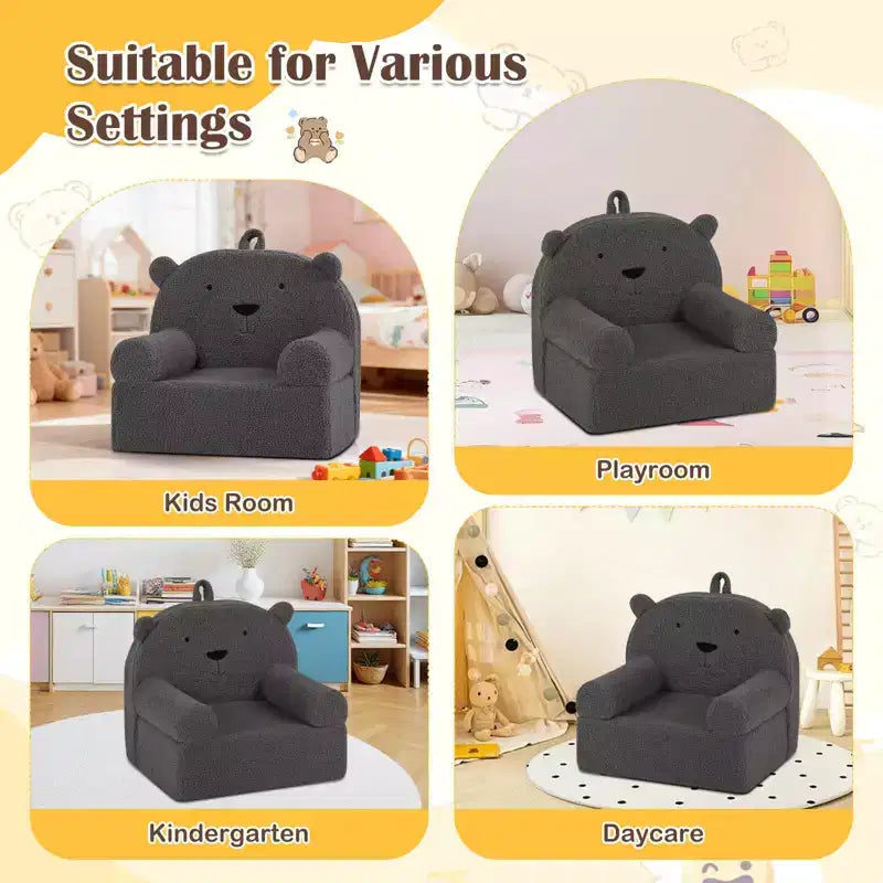 Costway Divano Orsetto per Bambini, Divano in Schiuma per Bambini con Morbida Fodera in Tessuto Pile Marrone/Grigio/Blu scuro/Rosa