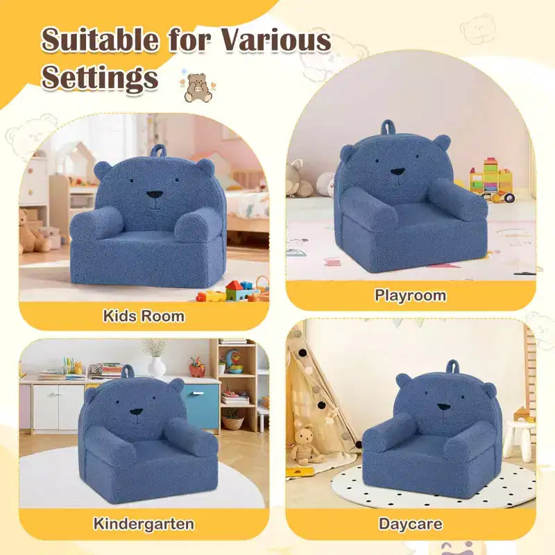 Costway Divano Orsetto per Bambini, Divano in Schiuma per Bambini con Morbida Fodera in Tessuto Pile Marrone/Grigio/Blu scuro/Rosa