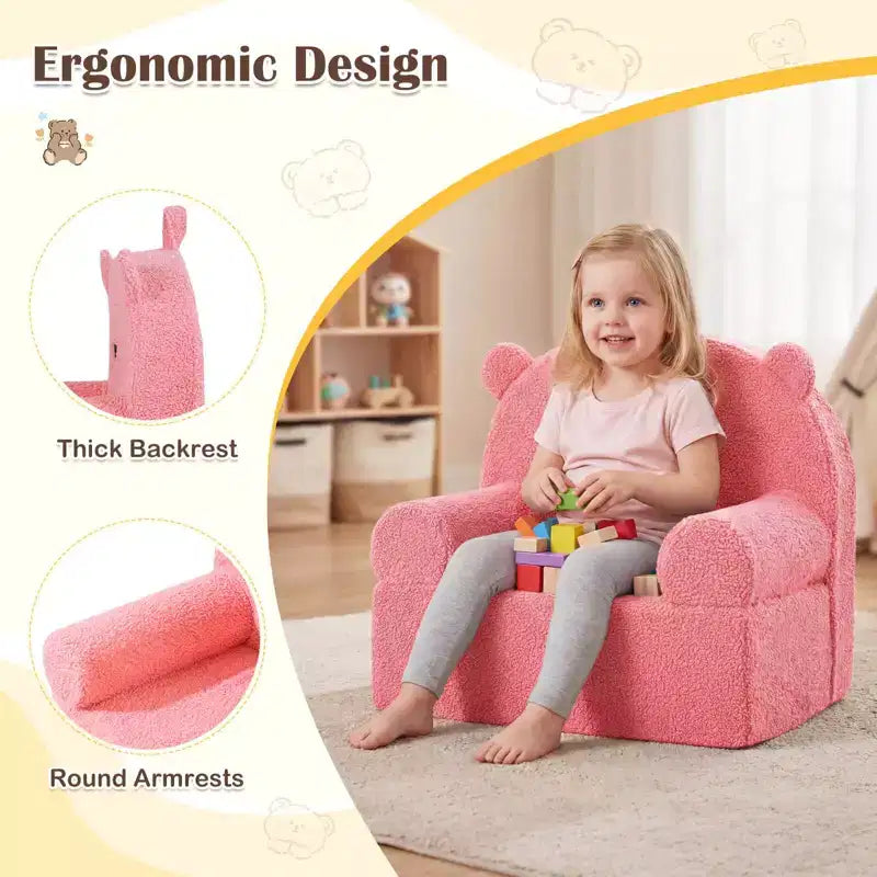 Costway Divano Orsetto per Bambini, Divano in Schiuma per Bambini con Morbida Fodera in Tessuto Pile Marrone/Grigio/Blu scuro/Rosa