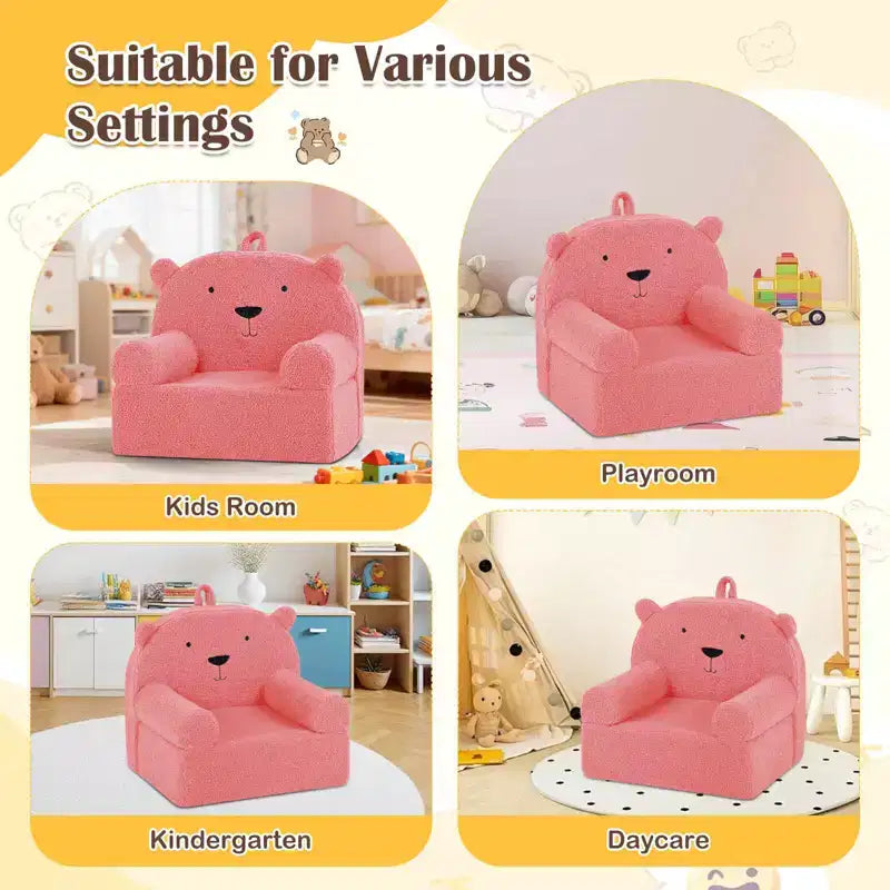 Costway Divano Orsetto per Bambini, Divano in Schiuma per Bambini con Morbida Fodera in Tessuto Pile Marrone/Grigio/Blu scuro/Rosa